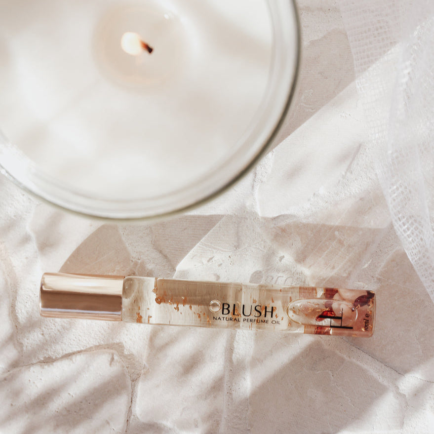 blush perfume oil, self care, natural perfume, 24k gold, crystals, feminine, fragrance, candle, 