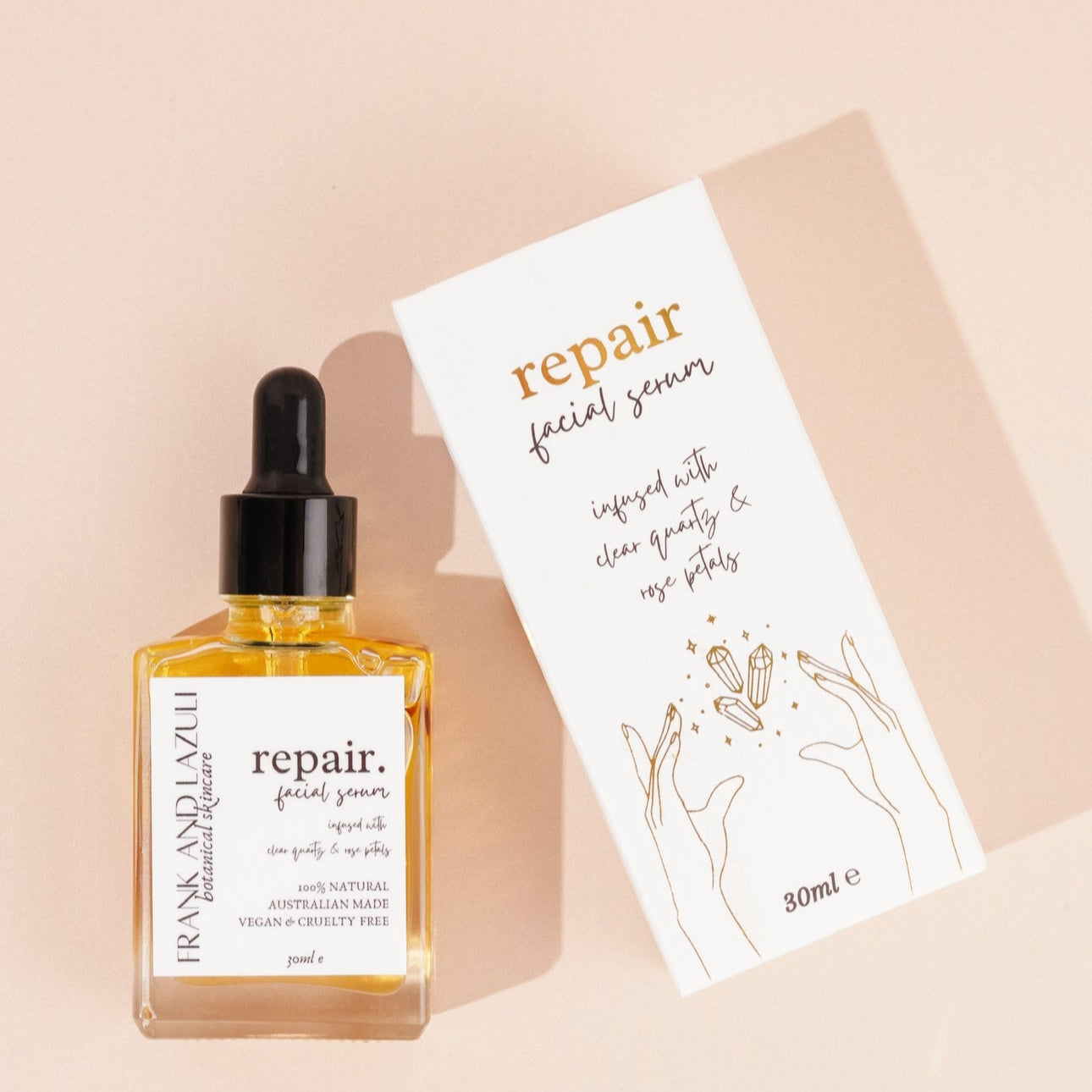 repair facial serum oil, liquid gold, crystal infused, skincare, clean beauty, botanical skincare