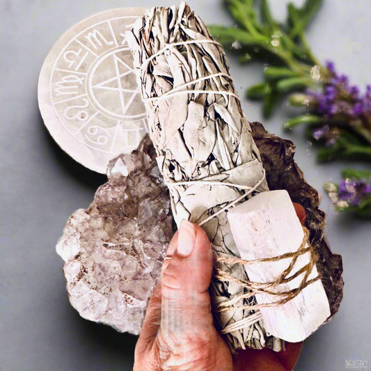 smudging, cleansing rituals, white sage, selenite crystals, amethyst crystal crystal grid, protection