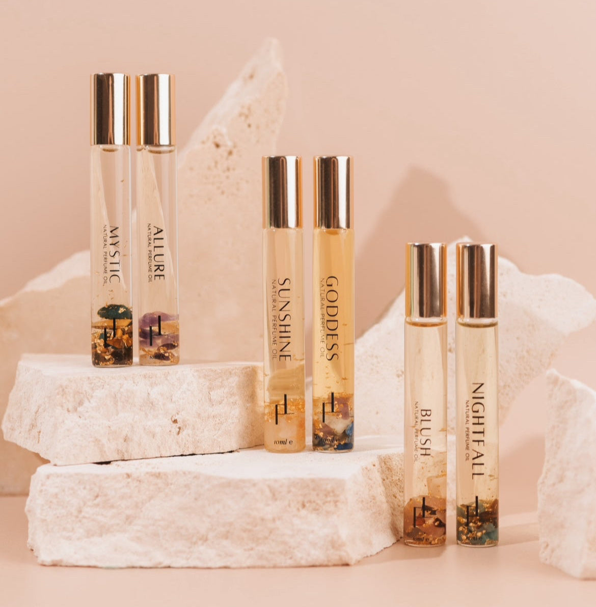 artisan crafted hand blended crystal infused natural oil perfume rollers allure, blush ,mystic, nightfall, sunshine, goddess, long lasting fragrance all natural